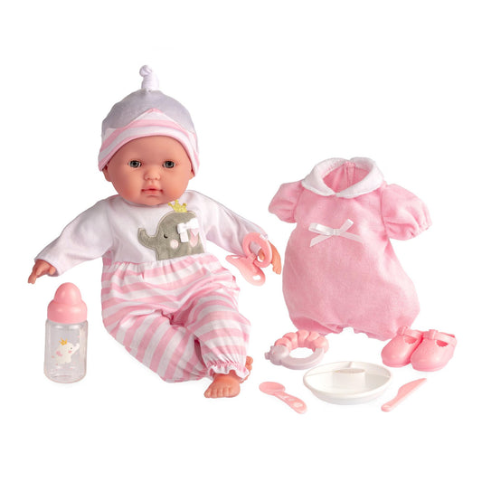 15" Realistic Soft Body Baby Doll with Open/Close Eyes | JC Toys - Berenguer Boutique | 10 Piece Gift Set with Bottle, Rattle, Pacifier & Accessories | Pink | Ages 2+