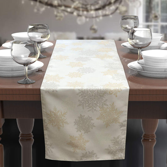 CAIT CHAPMAN HOME COLLECTION Holiday Silver Gold Snowflakes Metallic Jacquard Woven Table Runner Compatible with All Tables (14"x72" Runner)