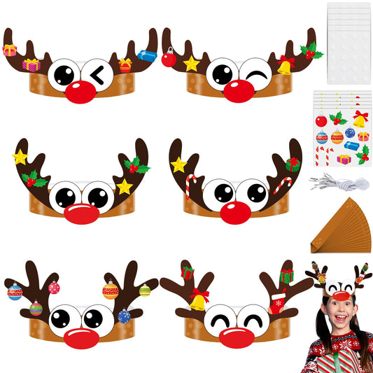 Qyeahkj 24 Sets Christmas Headbands Craft Kits Xmas Reindeer DIY Paper Crown Crafts for Winter Elk Reindeer Eyes Nose and Horn Stickers Holiday Home Activities Winter Party Favors