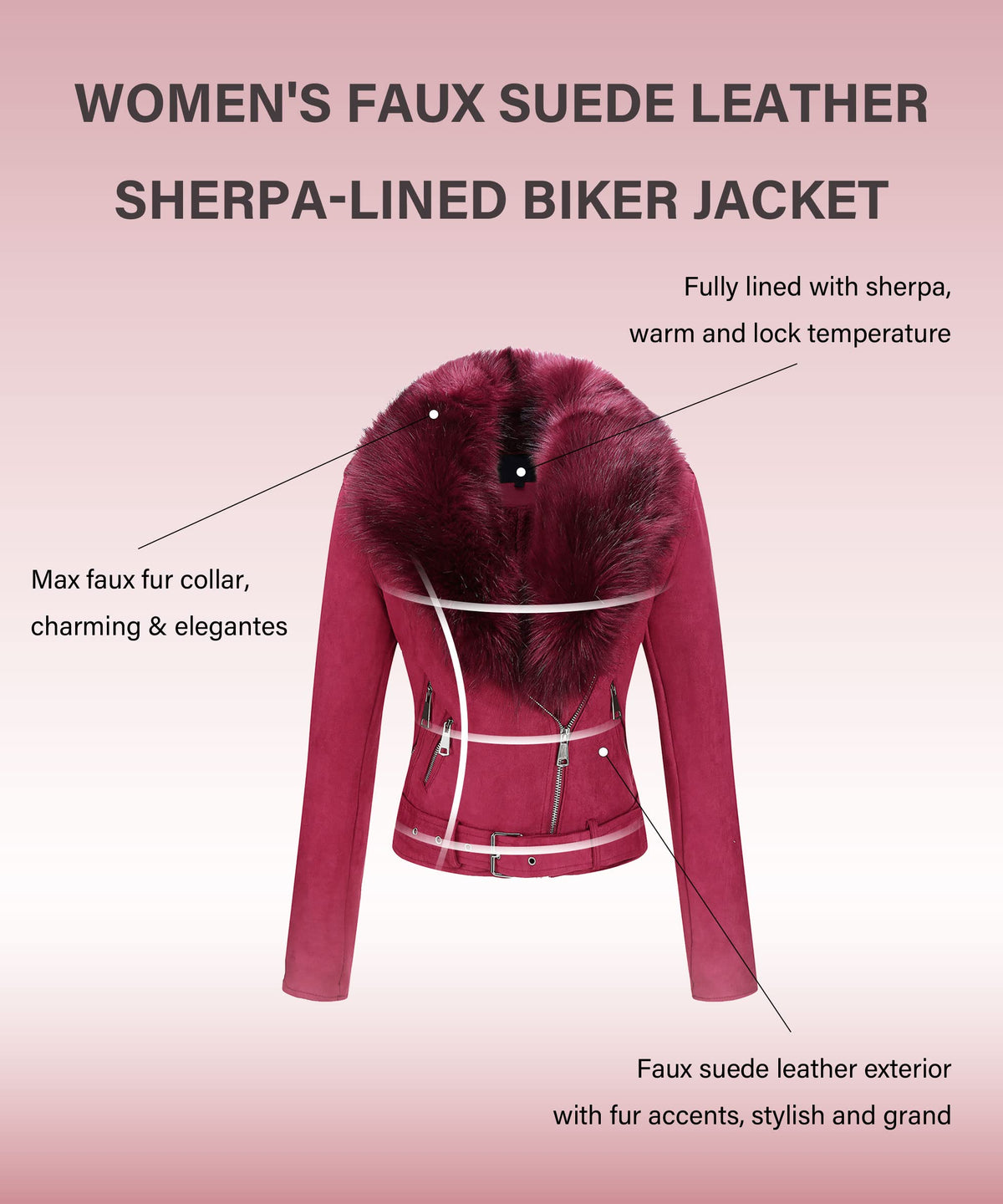 Bellivera Women Faux Suede Jacket Moto Biker Sherpa-Lined Coat Red S