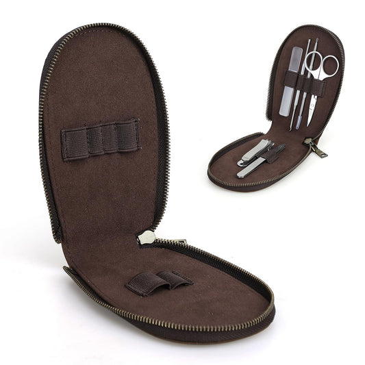 Hiram Handmade Leather Manicure Set Case 6 Slot Nail Tool Organizer Pouch with Elastic Bands & Loops Oil Nubuck Cowhide Travel Case for Grooming Kits Soft Leather Zip Closure