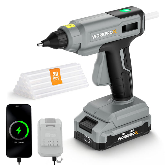 WORKPROX Cordless Hot Glue Gun, 90min Runtime, 20V Rechargeable Full-Size Glue Gun Kit with 20pcs Glue Sticks, 2Ah Battery, USB-C Charging Cord, Smart Power-Off for DIY Crafts, Repair, School Projects