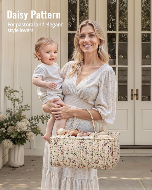 Blissful Diary Floral Diaper Caddy Organizer, Stylish Nursery Storage Basket, Diaper Bag,Gift for Baby Shower, Baby Registry Must Have, Newborn Essentials, Pastoral Daisy