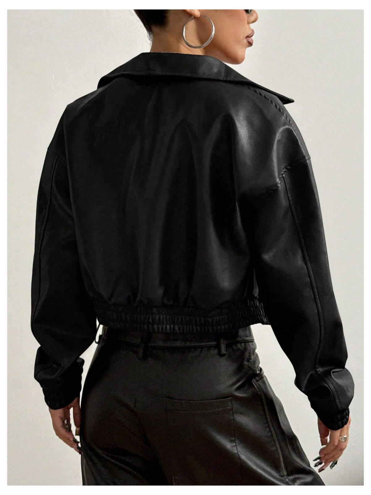 BEAUDRM Women's Y2K Faux PU Leather Jacket Crop Zip Up Motorcycle Coat Long Sleeve Drop Shoulder Motor Bike Jacket Streetwear Black Solid Small