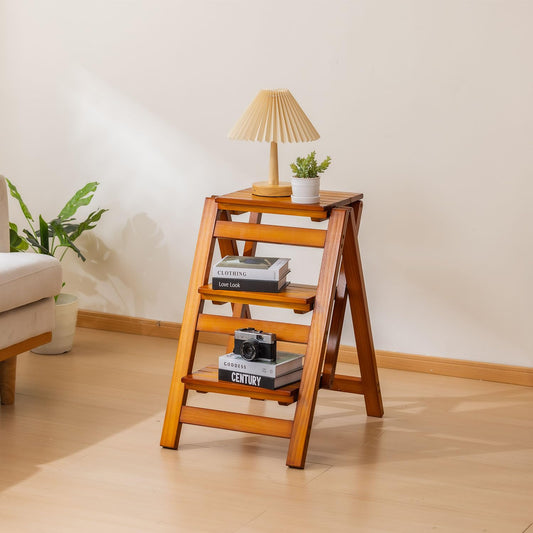 SOBIBO Wooden Step Stool, Foldable 3 Step Ladder, Solid Wood Ladder Stool for for Home, Kitchen & Garden Walnut