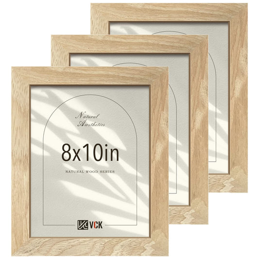 VCK 8x10 Picture Frame Set of 3, Natural Solid Wood Beige Frame with Exclusive Wood Grain, Tabletop Display & Wall Mounting for Home Decor