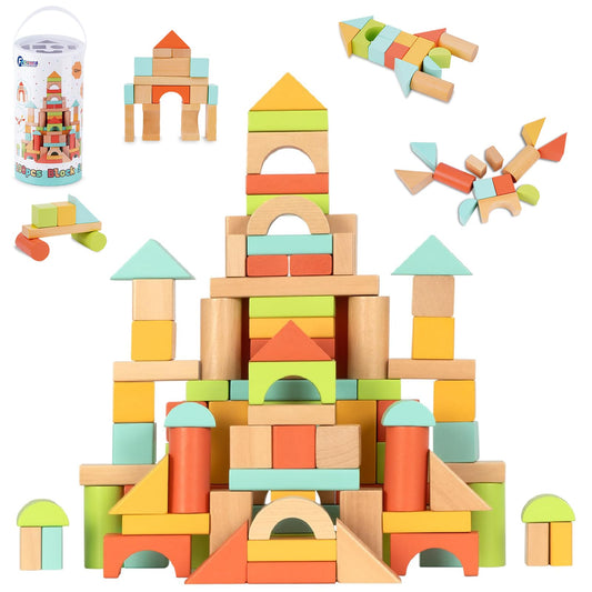 FCSONU Wooden Building Blocks for Toddlers 1-3, 100 Pcs Wood Blocks Set - Sorting & Stacking Toys with Storage and Lid, Kid Montessori Toys Ages 2+, Christmas 1st Birthday Gifts for Boys Girls Baby