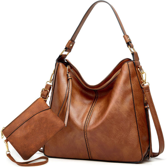 Large Capacity Hobo Tote Bag for Women, Soft Vegan Leather Crossbody Shoulder Handbag, Purse and Wallet Set - Brown