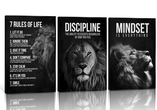 3 Pcs Lion Inspirational Quotes Wall Art 7 Rules of Life Poster Wall Decor Pictures Office inspiration Canvas Posters Prints for Home Office gym study workplace Decoration 12x16 in Unframe