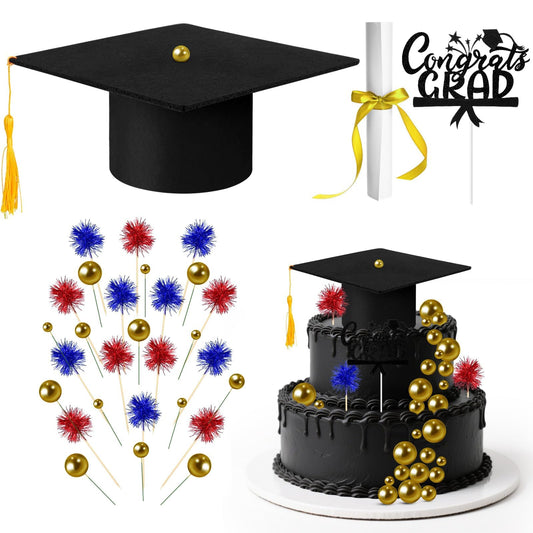 32PCS Graduation Cake Decorations Kit for Class of 2026 Includes Felt Tassel Caps, Firework Cupcake Toppers, Diploma and Balls, Black Theme Party Supplies for High School,College Celebrations (Black)