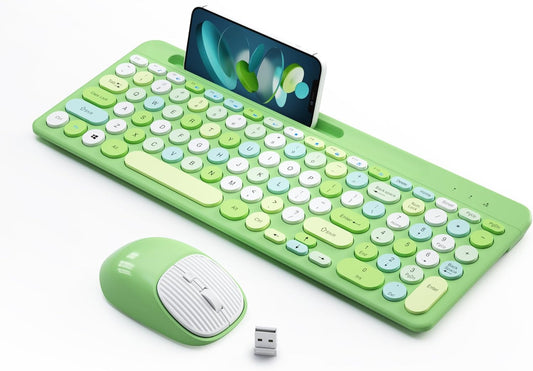 XISOGUU 2.4GHz Retro Wireless Keyboard and Mouse Combo, Full-Size USB Keyboard with Round Keycaps, Wireless