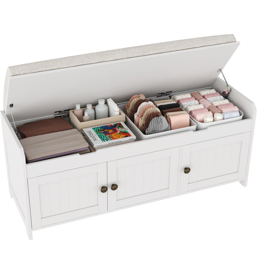 HOMEFORT 41.3" Shoe Bench with Lift Top Storage, Entryway Bench with Cushioned Seat, Wooden End of Bed Bench, Shoe Cabinet Bench with Hidden Storage Space, for Bedroom, Hallway,White