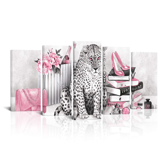 Kalormore 5 Pcs Leopard Canvas Black and White Wall Art Prints Glam High Heel Shoes Books Poster Giclee Prints Picture for Woman Bedroom Girl Gift Makeup Room Decoration (Pink, L-60 xH-32)