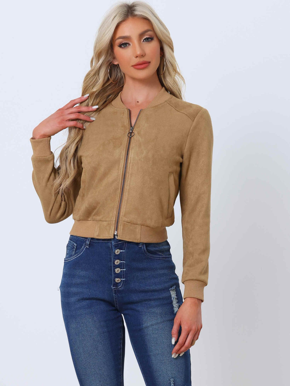 Allegra K Faux Suede Jacket for Women's Stand Collar Zip Up Bomber Jackets