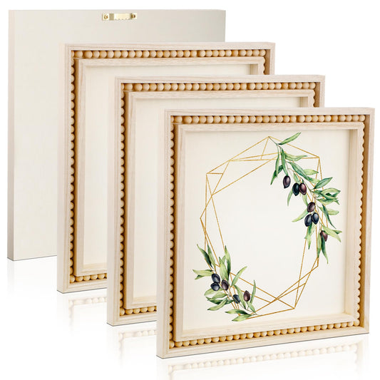 Wenqik 4 Pack Beaded Wood Canvas Panels Unfinished Wooden Blank Framed Signs Boho Style Panel Boards Square Plaques for DIY Crafts Painting Pouring Drawing Art Projects(8 x 8 Inch)