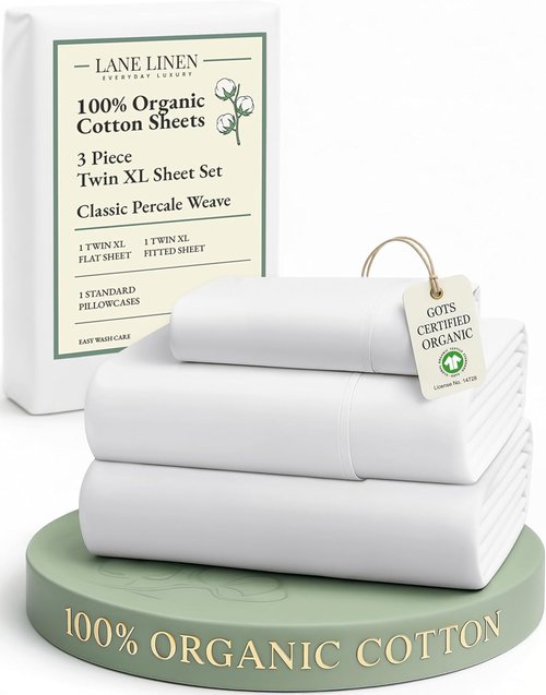 LANE LINEN 100% Organic Cotton Twin XL Sheets Set - Soft Percale 3-Piece Bedding in White, Fits Mattresses Up to 15" Deep