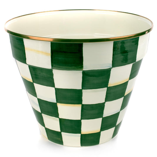 MACKENZIE-CHILDS Enamel Garden Pot, Decorative Pot for Plants, Outdoor Flowerpot Decor, Extra Large, Green-and-White Emerald Check