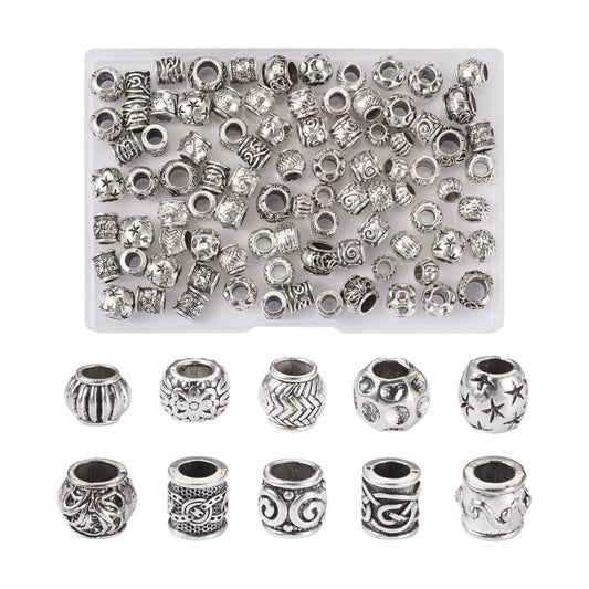 Craftdady 100pcs Antique Silver Barrel European Beads Tibetan Metal Drum Loose Beads Large Hole Rondelle Column Spacer Beads with Wavy Pattern for Jewelry Making Hole: 4-6mm