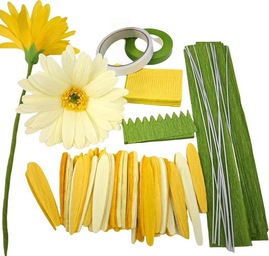 DIY Crepe Paper Flower Making Kit Yellow & Beige Daisy Bouquet 12 pcs Home Decor Set for Table Centerpieces Party Decor & DIY Craft Projects