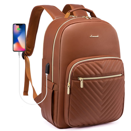 LOVEVOOK Laptop Backpack Purse for Women, Large Capacity Travel Computer Work Bag, Faux PU Leather Quilted Casual Nurse Backpack for Womens, Fit 15.6 Inch Laptop with USB Port, Brown