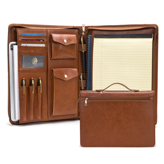 Geslun Genuine Leather Portfolio with Hidden Handle, Zippered Front Pocket, Business Padfolio for Men and Women, 8.5 x 11 Legal Pad Notebook Holder, Office Letter Notepad Folio, Oil Tanned
