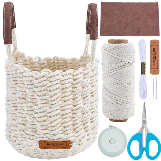 FREEBLOSS Macrame Basket Kit DIY Macrame Kit for Beginners with Instruction White Cotton Cord Basket Weaving Craft Supplies for Holiday Activities Desktop Storage
