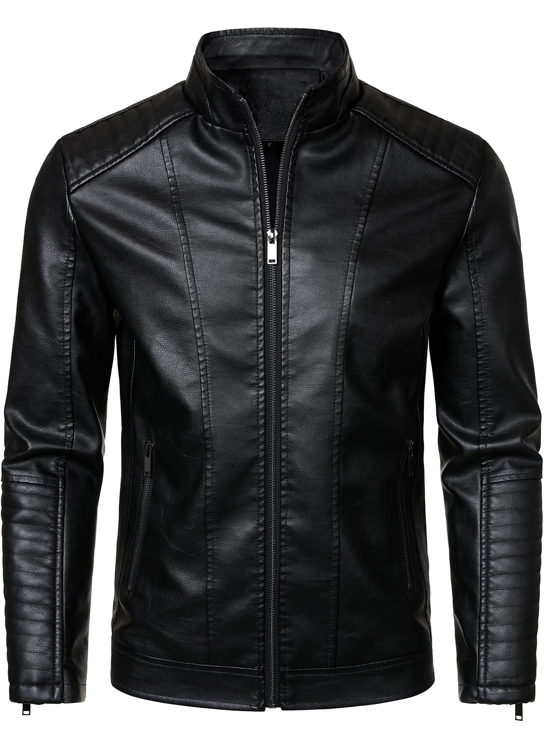 HOOD CREW Men’s Stand Collar Leather Jacket Motorcycle Jackets Faux Leather Biker Coats Lightweight Outwear Black L