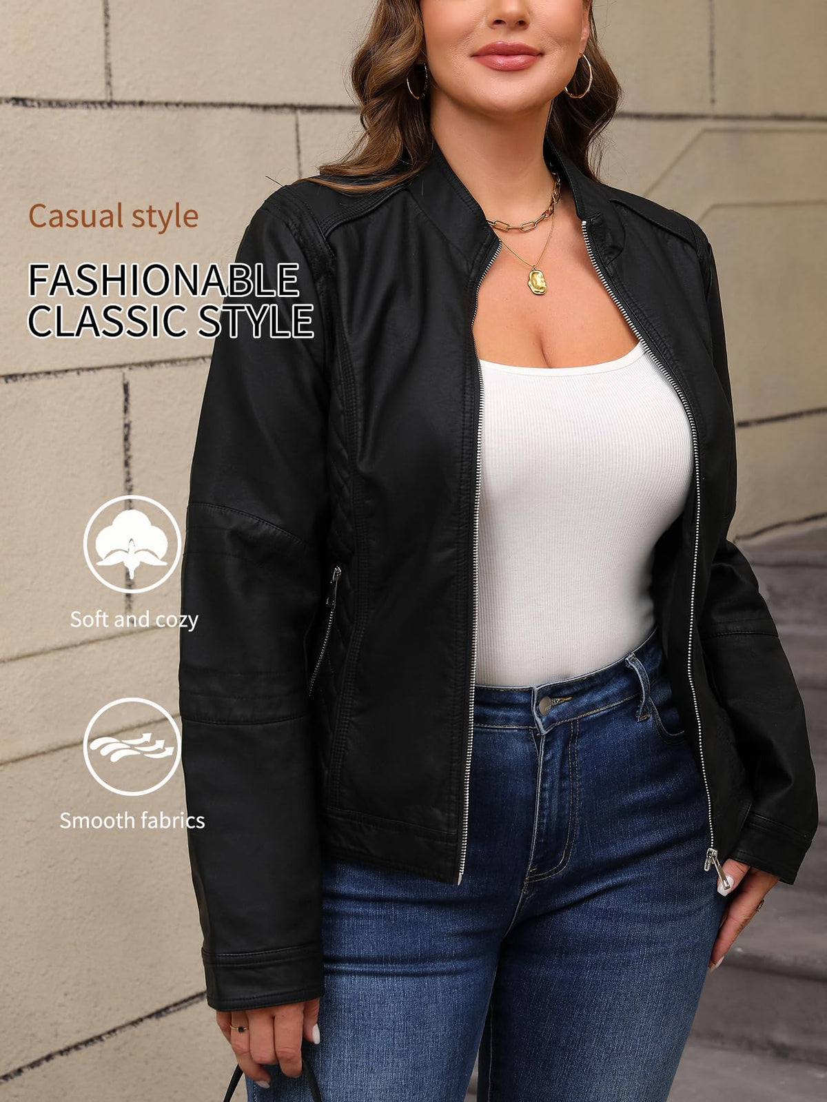 Bellivera Faux Leather Jacket Women Motorcycle Zipper Stand Collar Bomber PU Bike Coat with Pockets PU36 Black XL