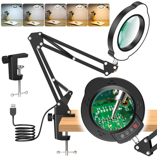 Hands Free Magnifying Glass with Light and Clamp,10X Lighted Magnifying Desk Lamp with 5 Color Modes & 10 Brightness Levels, LED Magnifier with 360° Arm for Reading, Crafts, Soldering, Close Work