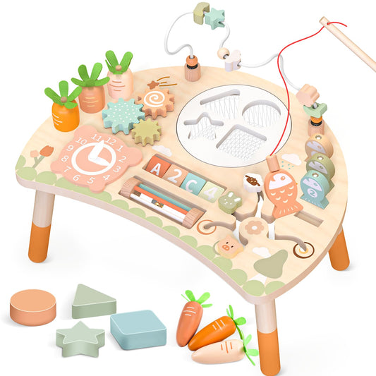 Hewaurorion Wooden Activity Table for Toddlers 1-3, 9 in 1 Montessori Sensory Table with Bead Maze Shape Sorter Fishing Game, Baby Activity Center Learning Toys for 1 2 3 Year Old Boys Girls
