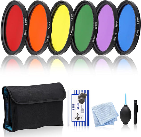 CASYDYEN 6-Piece 58 mm Full Color Lens Filter Kit for DSLR Cameras Includes Red Orange Yellow Green Blue Purple