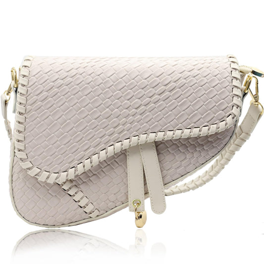 ERWUBA fashion women saddle shoulder bag clutch purse crossbody satchel handbag woven imitation crocodile leather bag (Off-white Large)