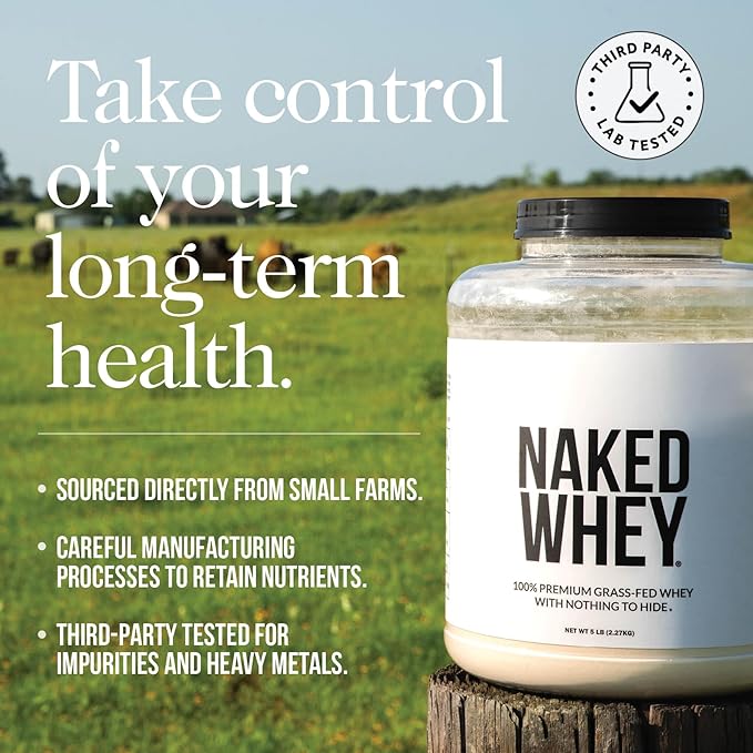 NAKED WHEY 5LB 100% Grass Fed Unflavored Whey Protein Powder - Only 1 Ingredient, Undenatured - No GMO, Soy or Gluten - No Preservatives - Promote Muscle Growth and Recovery - 76 Servings