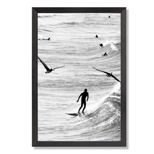 JMGHKL Vintage Black And White Surfers Silhouette Canvas Wall Art Minimalist Pelican And Surfer Poster Trendy Extreme Sport Aesthetic Prints For Home Bedroom Dorm Wall Decor 12x16in Framed Flat