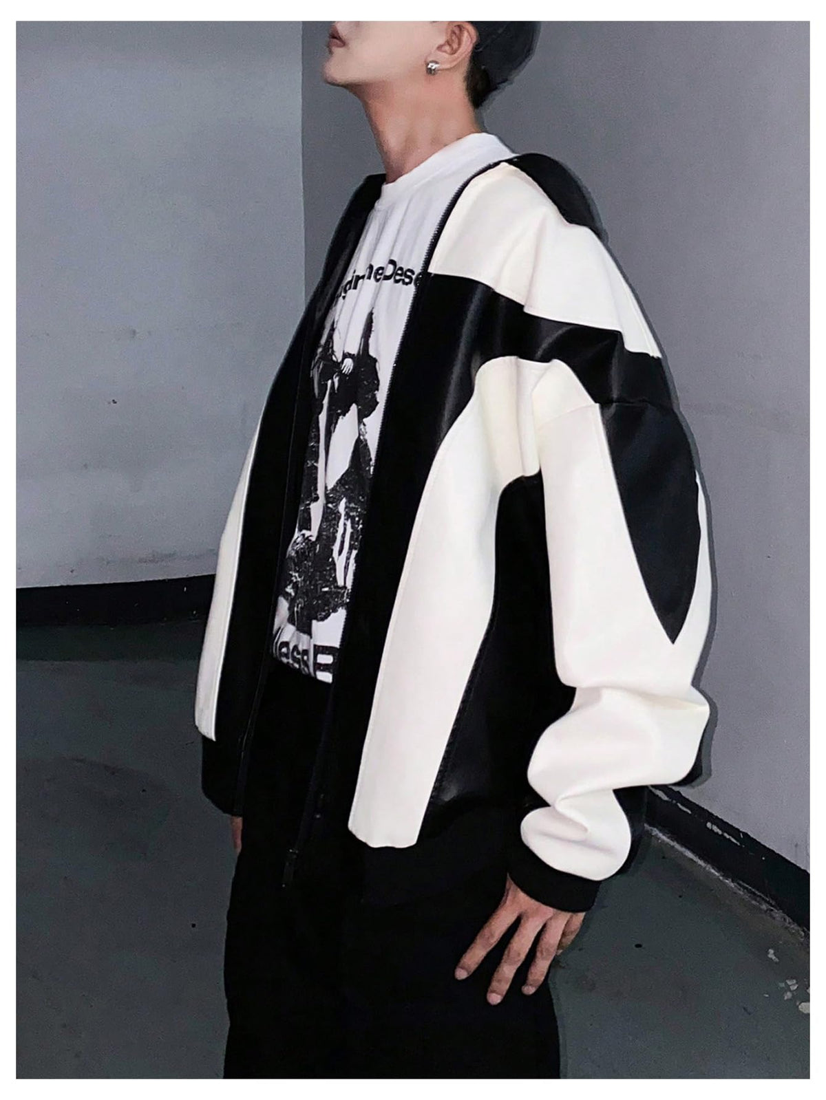 BEAUDRM Men's Y2k PU Leather Jacket Color Block Motorcycle Coat Zip Up Long Sleeve Outerwear with Pockets Streetwear Black and White X-Large