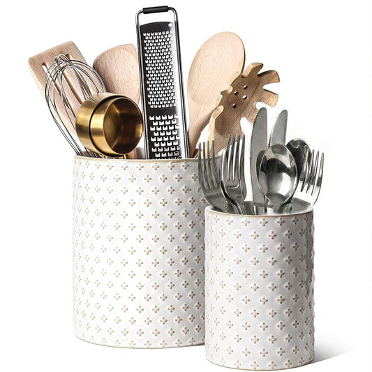 LE TAUCI Kitchen Utensil Holder for Countertop - 7.1"+5.4" Ceramic Utensil Crock Set of 2, Large Cooking Utensil Organizer for Spatula, Spoon, Whisk - Farmhouse Storage, Embossed, Clover