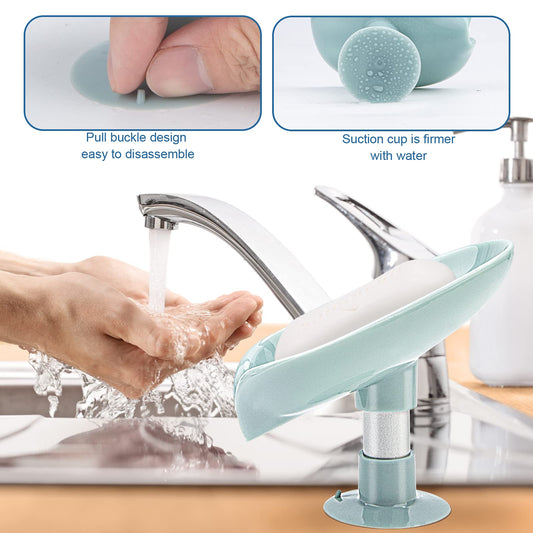 2Pack Soap Holder Leaf-Shape - Self Draining Soap Dish Holder, Not Punched Easy Clean Bar Soap Holder, with Suction Cup Soap Dish Suitable for Shower, Bathroom, Kitchen Sink (Grey + Green)