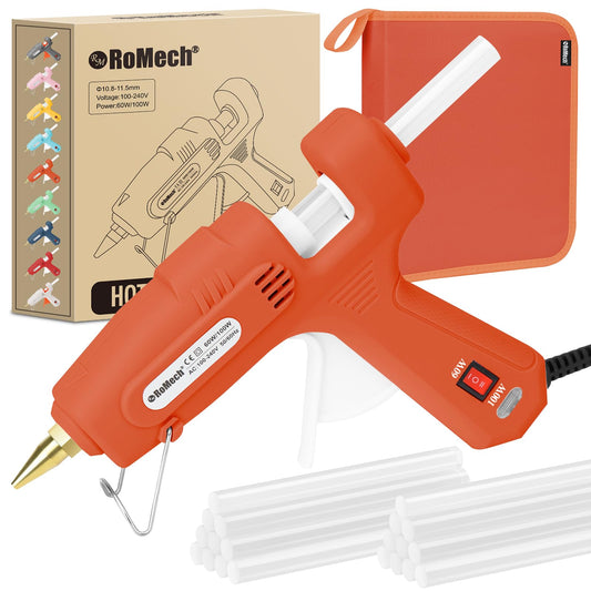 ROMECH Full Size Hot Glue Gun with 60/100W Dual Power and 21 Hot Glue Sticks (7/16"), Fast Preheating Heavy Duty Industrial Gluegun with Storage Case for Crafting, DIY and Repairs (Orange)