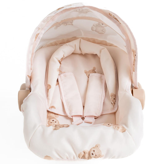 Roma Prams: Teddy Doll Car Seat - Beige-Cream-Bear, Carrier Travel Accessory, Adjustable Canopy & Handle, Roleplay Toy for Dolls Up to 16.5", Kids 3+