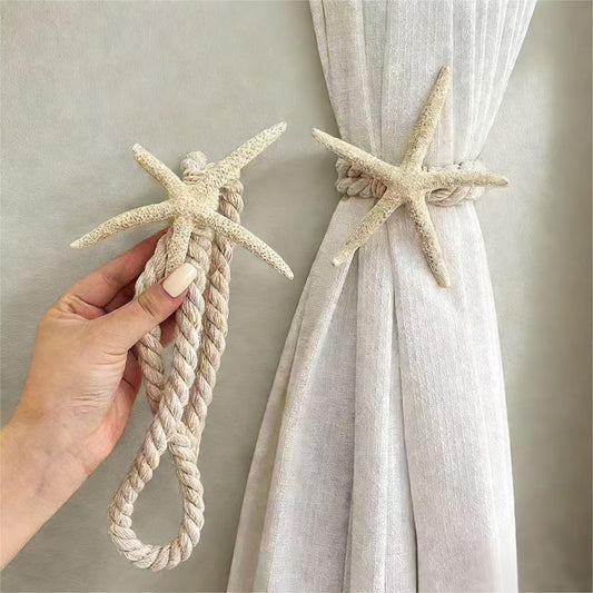 2-Pack Real Natural Starfish Curtain Tiebacks, Handmade Rope Holdbacks for Coastal Beach Theme Decor, Nautical Curtain Tie Backs for Bedroom Living Room Home Decoration