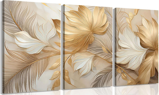 Modern Abstract Gold Botanical Canvas Wall Art Fashion Plants Wall Decor Pictures Leaf Light Luxury Poster Prints Flowers Painting Artwork for Living room Office Decoration 12x16in Frame