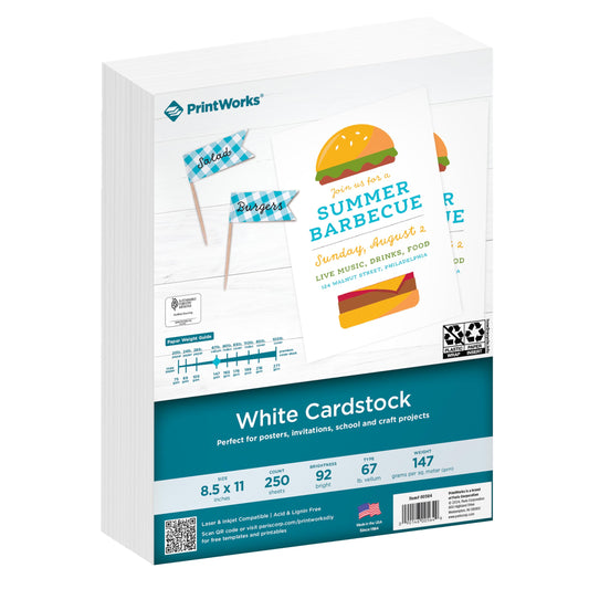 PrintWorks White Cardstock 8.5" x 11" - 67 lb/147 gsm Vellum Bristol - 250 Sheets - Made in the USA - SFI® Certified - 92 Bright - Card Stock Printer Paper for School, Craft, & Office Use (00564)