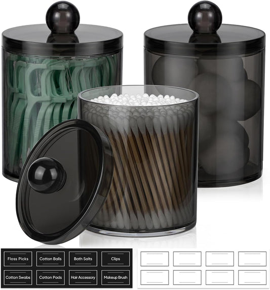 Skiennix Acrylic Qtip Holder Dispenser - Clear Plastic Canister Set for Cotton Swabs & Makeup Storage | 3 Pack