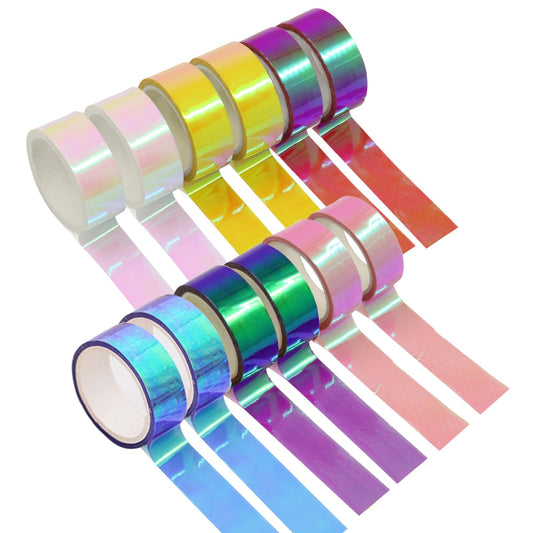 BangBoom 12 Rolls Rainbow Holographic Tape Set Clear, Iridescent Metallic Tape Waterproof Glitter Transparent Decorative Stickers for Crafts DIY Art Scrapbook Wrapping 6-Color