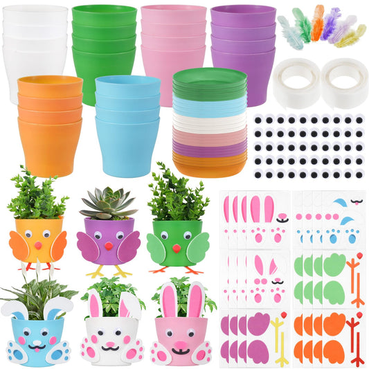 DANHMAO 24 Sets DIY Easter Flower Pots Crafts Bunny Little Chick Lamb Bird Garden Spring Easter Activities Party Decorative Supplies
