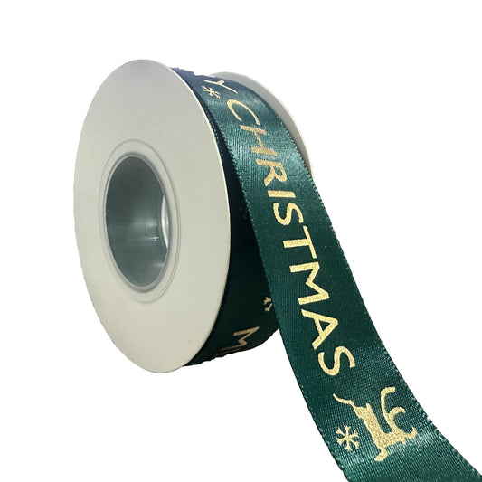 25 Yard Merry Christmas Ribbon,Christmas Ribbon 1 Inch Forest Green