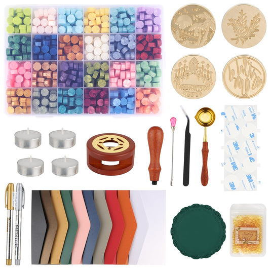 Kit,Dried Flower Accessory Tools,Premium Wax Seal Stamp Kit with 24 Colors 624 Pcs Beads, 4 Pcs Stamps, Sealing Wax Warmer, Envelope, Candles for Wedding Birthday Gift and DIY Craft