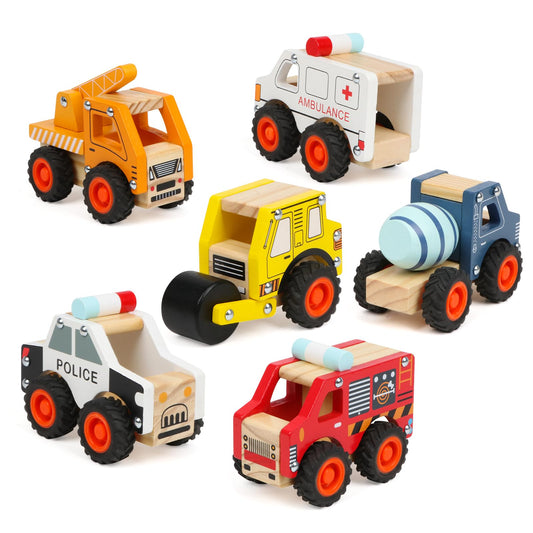 DIPALENT 6Pcs Wooden Cars for Toddlers 1-3,Car Toys,Push and Go Vehicle,Kid Vehicle Toys,Hand Push Car Toys for 1+ Year Old,Montessori