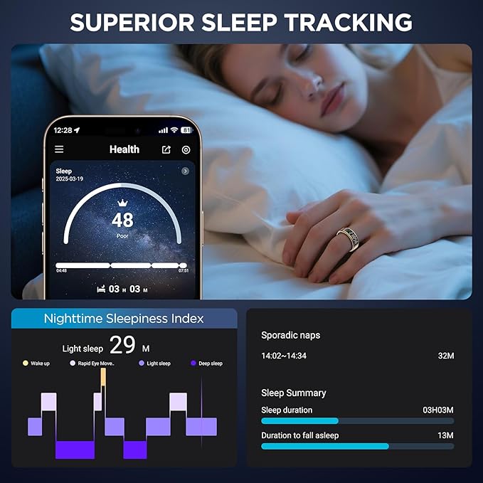 Smart Ring Health Tracker with Display Screen, Sleep Tracker Ring with Heart Rate, Fitness Ring Step tracker for Activity Monitoring/Steps/Calories,Wireless Charging, for iOS Android (Silver,8#)