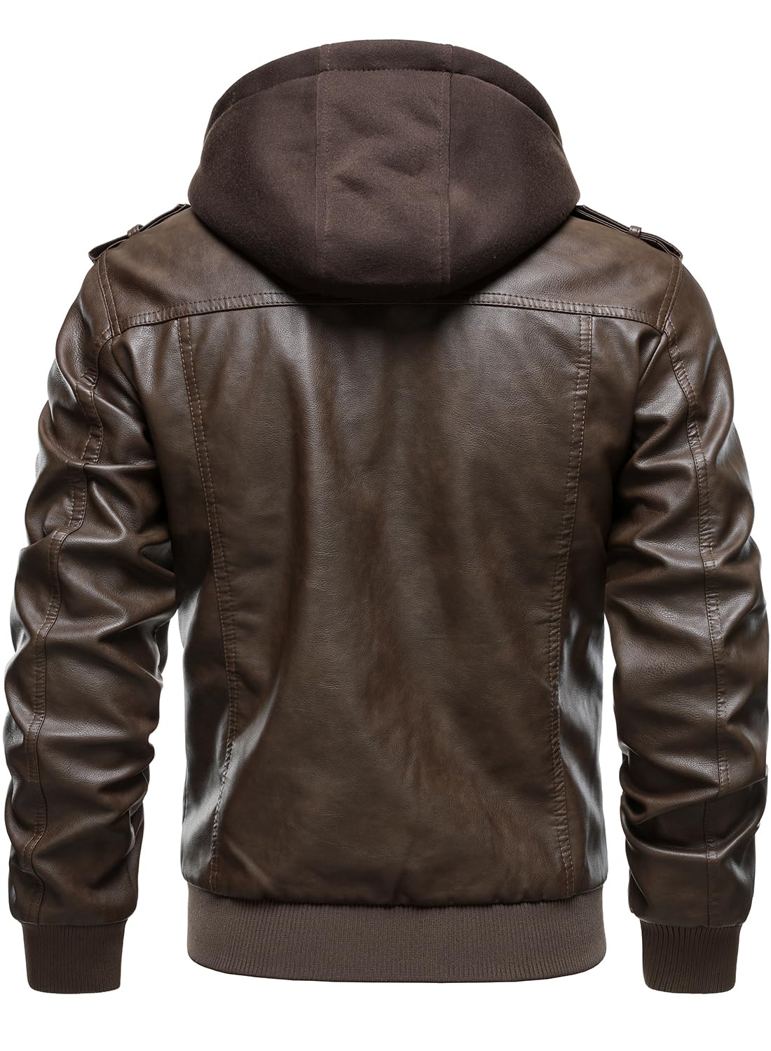 HOOD CREW Men's Faux Leather Hooded Jacket Motorcycle Jackets Water Repellent Windproof PU Moto Vintage Bomber Hoodie Coats Coffee XL